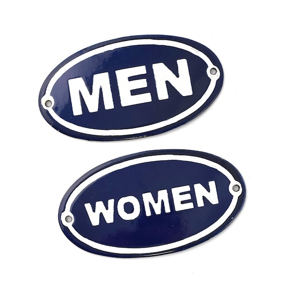 Vintage 1950s Pair of (2) 5.25" x 3" Oval Blue Porcelain Enamel Men & Women Bathroom Signs