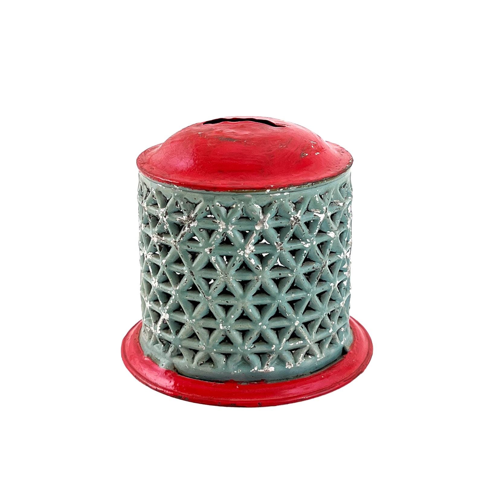 Antique Late 1800s 3" Pierced Gridded Triangle Tin Metal Coin Bank w/ Red & Blue Paint
