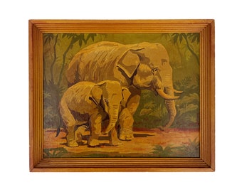 Vintage 1950s 11" x 9" Framed Elephants Paint by Number Painting w/ Stepped Wood Frame
