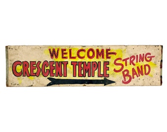 Vintage 1960s 45" x 11.5" Welcome Crescent Temple String Band Hand-Painted Cardboard Mounted on Wood Sign