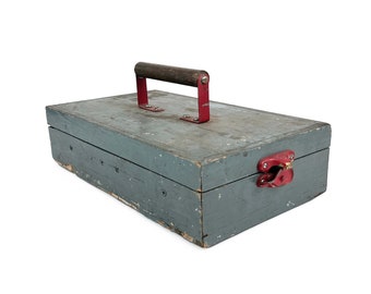 Vintage 1970s Gray Handmade Industrial Wood Storage Box w/ Red Handle & Latch