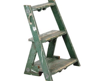 Vintage 1950s Distressed Handmade Painted Green Step Stool Salvaged Ladder Parts -  Industrial Folk Art Shelf Display Stand