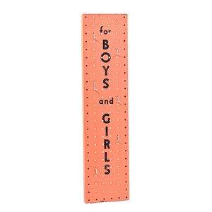 May include: A rectangular, coral-colored pegboard with the words "for BOYS and GIRLS" in black capital letters. The board has evenly spaced holes and small metal hooks. The pegboard is designed to hold small items.
