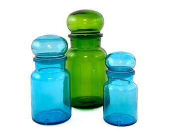 Vintage 1960s Set of (3) Blue + Green Glass Belgian Apothecary Storage Jars