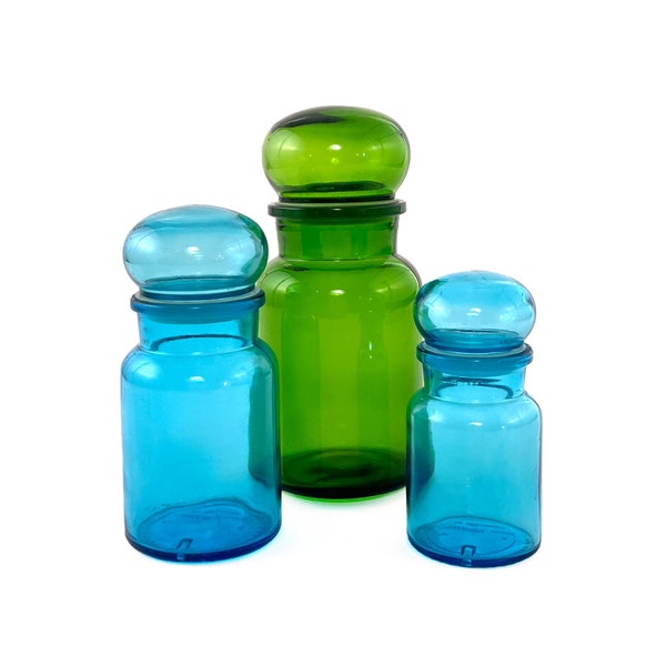 Vintage 1960s Set of (3) Blue + Green Glass Belgian Apothecary Storage Jars