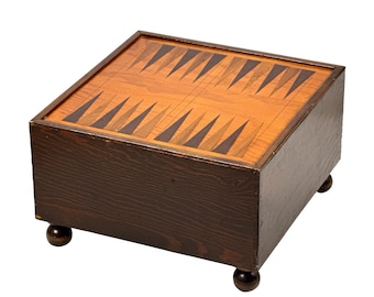 Vintage 1930s Handmade Art Deco Backgammon Board Low Game Table w/ Geometric Wood Inlay