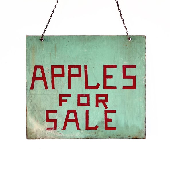 Vintage 1930s 30" x 28.5" Large "Apples For Sale" Hanging Double-Sided Painted Turquoise Green Wood Farm Orchard Produce Stand Sign