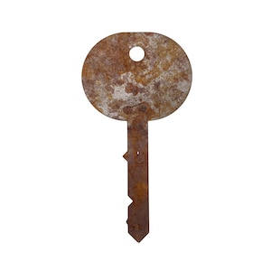 May include: A rusty, vintage key with a circular head and a rectangular stem. The key has a small hole in the head and a jagged edge on the bottom of the stem. The key is isolated on a white background.