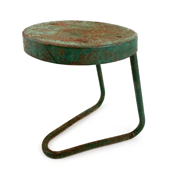 Vintage 1940s Distressed Industrial Green Metal Hairpin Milking Stool