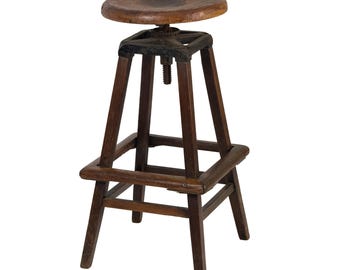 Antique 1910s 30" Tall Industrial Architect's Draftsman Stool - Adjustable Wood & Cast Iron Swivel Seat