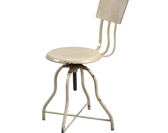 Antique 1920s Industrial Adjustable Off-White Enameled Steel Operating Room Medical Metal Stool Chair w/ Contoured Back