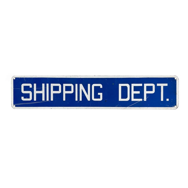 Vintage 1960s 20" x 4" Industrial Metal Blue "SHIPPING DEPT." Department Factory Sign