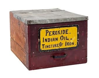 Antique 1900s Apothecary Druggist Wood & Metal Lidded Storage Box w/ Handwritten Label "Peroxide. Indian Oil. Tincture of Iron."