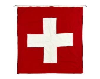 Vintage 1950s 39" x 36" Swiss Red & White Cross Cotton Switzerland Flag