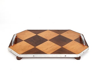 Antique 1920s Handmade Geometric Diamond Wood Inlay Serving Vanity Valet Tray