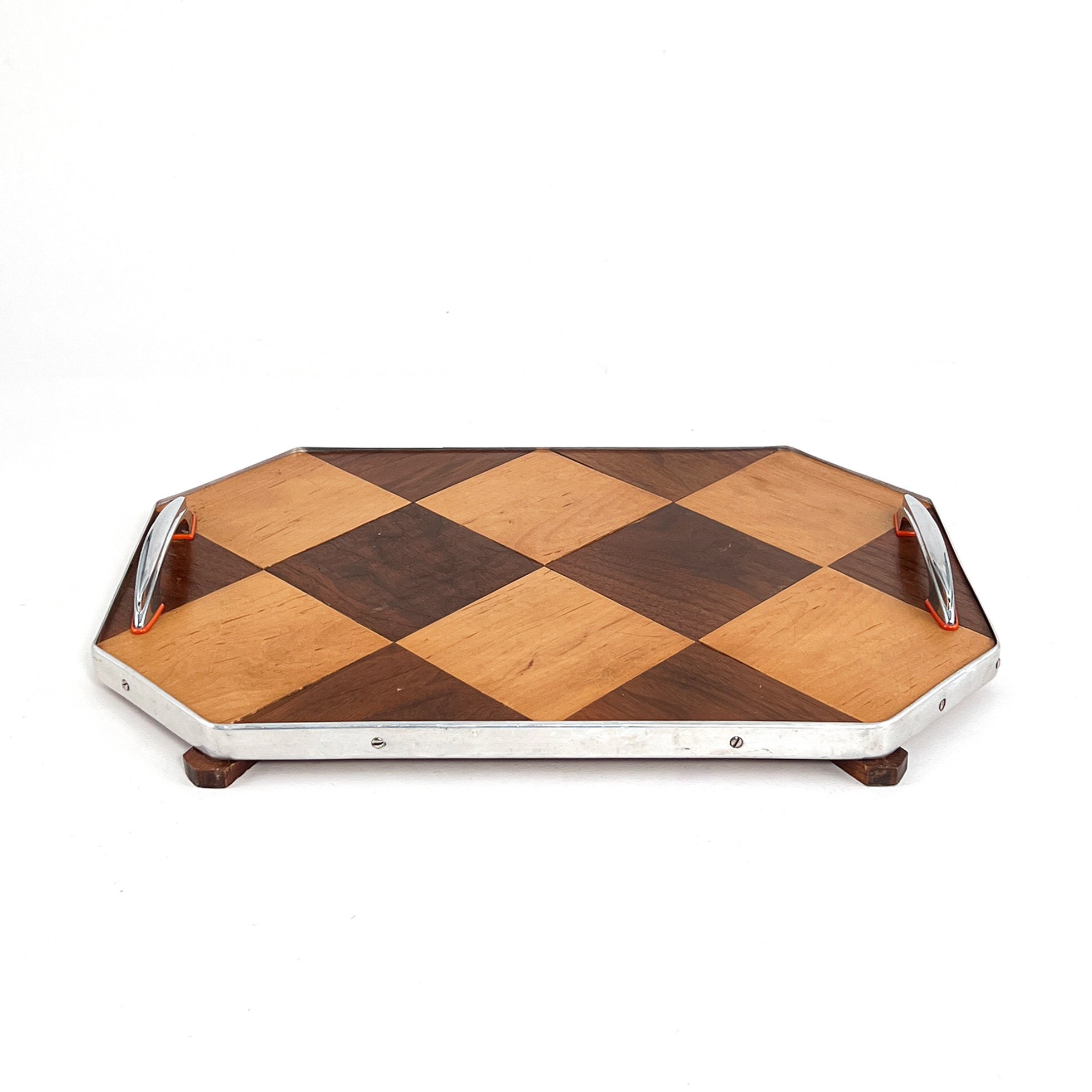 Antique 1920s Handmade Geometric Diamond Wood Inlay Serving Vanity Valet Tray