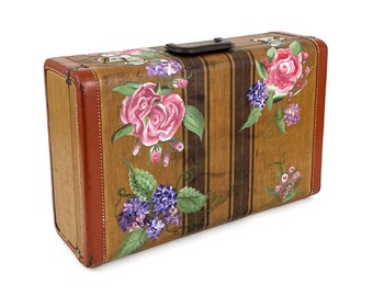 Vintage 1930s Tan & Brown Striped Leather Trimmed Suitcase w/ Hand-Painted Floral Motif