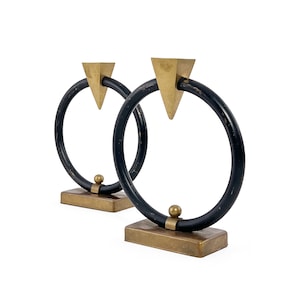 Vintage 1980s Pair of (2) Postmodern Brass & Matte Black Circular Geometric Candle Holders