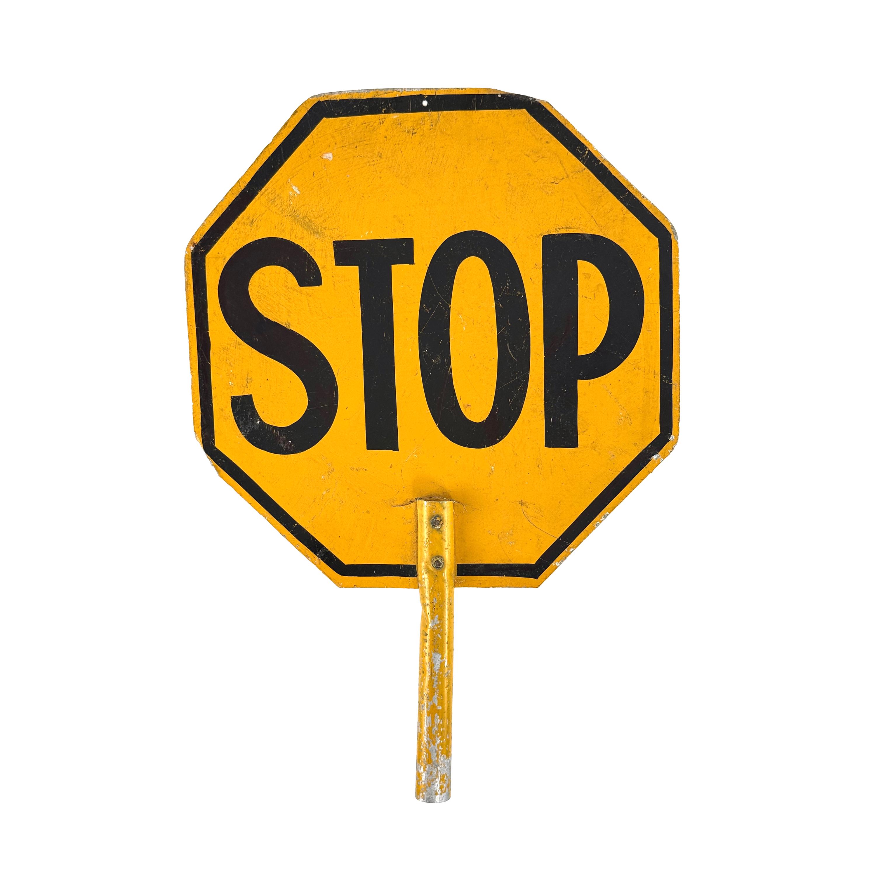 Vintage 1960s Double-sided Yellow STOP Metal Handheld Crossing