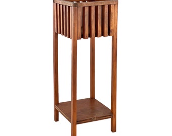 Vintage 1950s 26.25" Tall Handmade Mission Style Slatted Oak Wood Plant Stand Holder