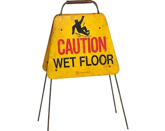 Vintage 1960s Double-Sided CAUTION WET FLOOR w/ Slipping Man Graphic A-Frame Freestanding Sign