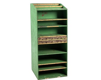 Vintage 1960s Industrial Painted Green Wood Hobby Shop Organizer Store Display Shelf