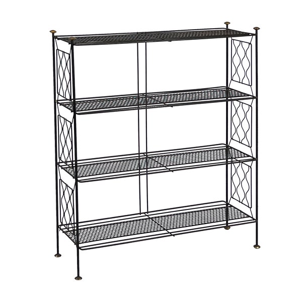 Vintage 1950s Atomic Mid-Century Modern Perforated Black Wire Record Stand / 4-Tier Shelf w/ Brass Detail