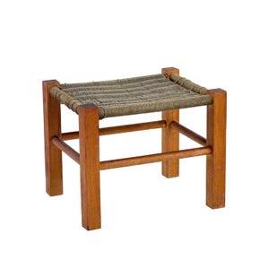 Vintage 1950s Handmade Wooden Stool w/ Woven Hemp Twine Seat - Rustic Primitive Footstool
