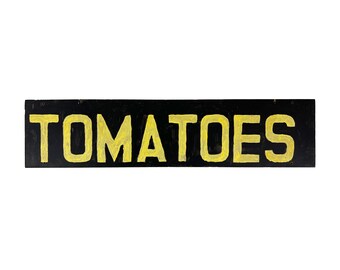 Vintage 1960s 30&quot; x 7&quot; Painted Wood Black + Yellow TOMATOES Amish Farm Produce Stand Sign
