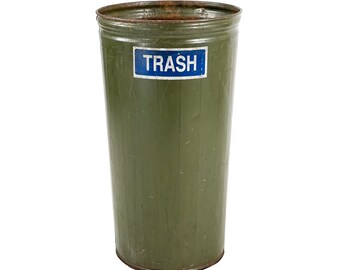 Vintage 1960s 29" Tall Large Industrial Distressed Green Metal Trash Can w/ Bright Blue TRASH Label