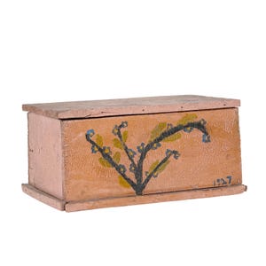 Antique 1920s American Folk Art Painted Pine Storage Box-  Dated 1927 - Primitive Pink Floral Decorated w/ Divided Interior