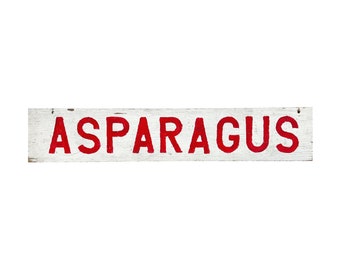 Vintage 1960s 23.75" x 4.25" Hand-Painted White + Red Double-Sided ASPARAGUS / CANTALOUPE Wood Amish Farm Produce Stand Sign