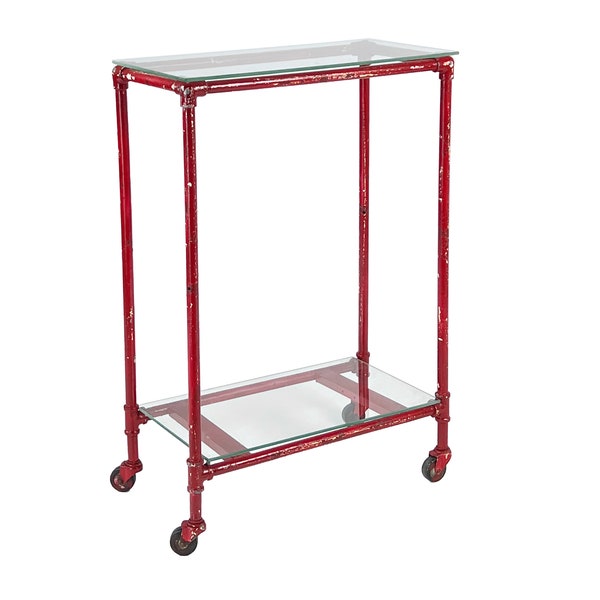 Vintage 1960s Industrial Painted Red Metal Pipe + Glass Rolling 2-Tier Bar Cart