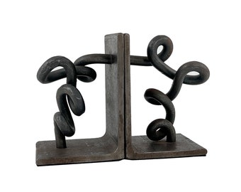 Vintage 1960s Pair of Artisan Made Wrought Iron Squiggly Bookends