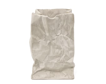 Vintage 1970s Creative Illusions 7.5&quot; Tall White Paper Bag Bisque Porcelain Trompe L’oeil Vase Pop Art Sculpture
