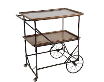 Antique Late 1800s French Industrial Black Iron & Oak Folding Rolling Tea Bar Cart Hotel Trolley
