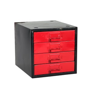 Vintage 1970s Industrial Red & Black Metal Small Parts 4-Drawer Storage Unit