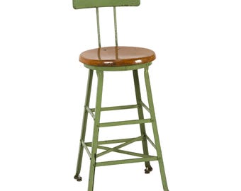 Vintage 1940s Industrial Mint Green Metal & Wood Factory Stool - Angle Steel Stool Co. Plainwell Michigan - 26.5" Seat Height