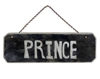 Vintage 1950s 20" x 7" Painted Black & Silver "PRINCE" Wood Name Plaque Dog House Hanging Sign