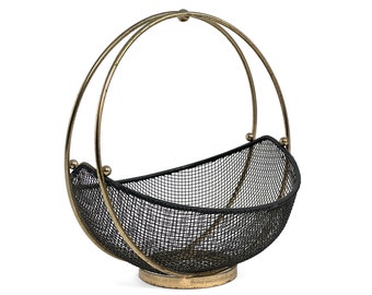 Vintage 1950s Mid-Century Modern Atomic Brass & Black Mesh Metal Fruit Bowl Basket