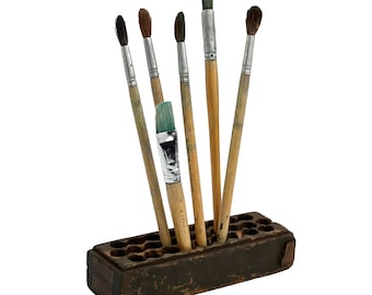 Antique 1900s 9” Industrial Wood Block Pencil / Paint Brush Holder Organizer