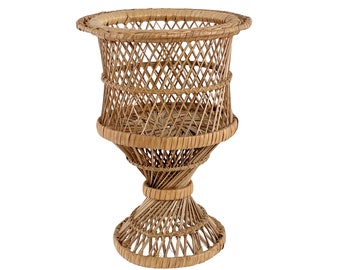 Vintage 1970s 13.5" Tall Natural Wicker Rattan Small Hourglass Peacock Plant Stand / Plant Holder