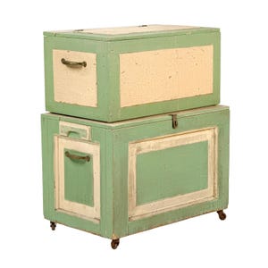 Antique 1920s Early 20th Century Set of (2) Large Painted Wood Stacking Storage Chests - Green & Cream Pair of Matching Trunks