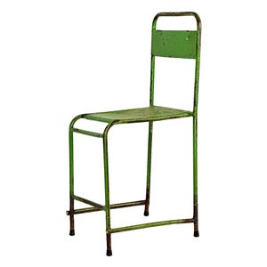 May include: A vintage green metal chair with a distressed finish. The chair features a rectangular seat and backrest, with a curved frame and legs. The chair's height is approximately 36 inches.