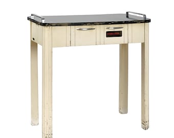 Vintage 1950s Modecraft Off-White Cream Painted Wood Barber Shop Sterilizer Table