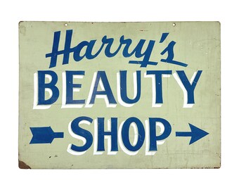 Vintage 1950s Harry’s Beauty Shop Double-Sided Hand-Painted Advertising Trade Sign - 28" x 20"