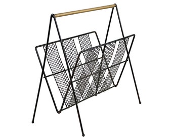 Vintage 1960s Mid-Century Modern Perforated Metal w/ Brass Handle Magazine / Record Rack Holder