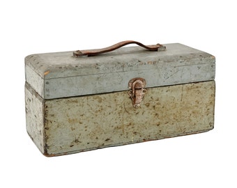 Vintage 1930s Distressed Two-Tone Blue & Green Handmade Industrial Wood Tool Box w/ Leather Handle