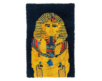 Vintage 1970s 35" x 28" King Tut Latch Hook Rug Textile Pop Art Wall Hanging