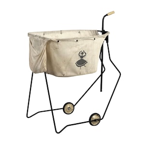 Vintage 1950s Gypsy Kart Rolling Laundry Cart by Leisurehouse - Model 10-55 w/ Canvas Basket - Black Iron Frame Folding Design